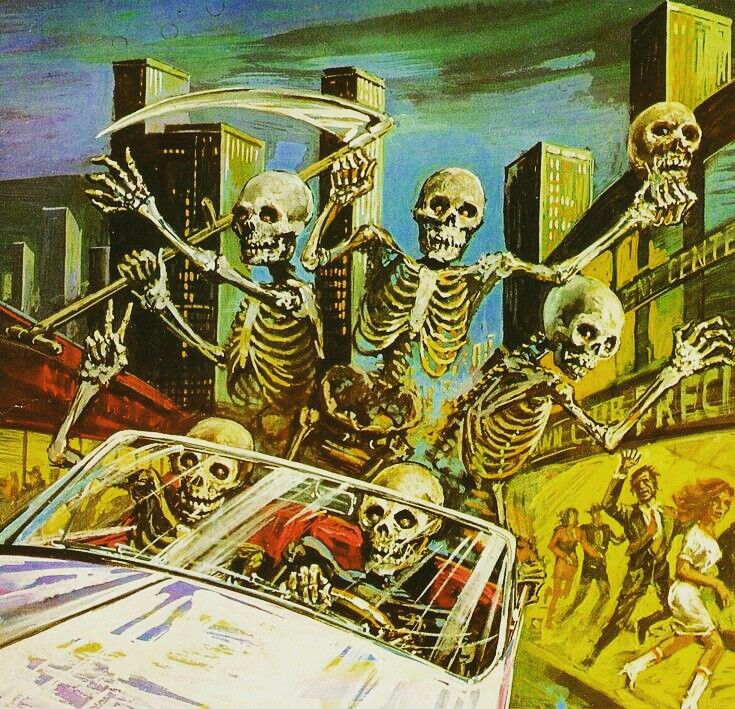 group of skeletons riding in a car causing chaos